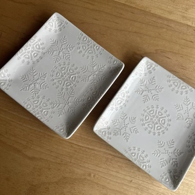 2 Crate & Barrel White Porcelain Square Plate with Snowflake Design - Image 1 of 4