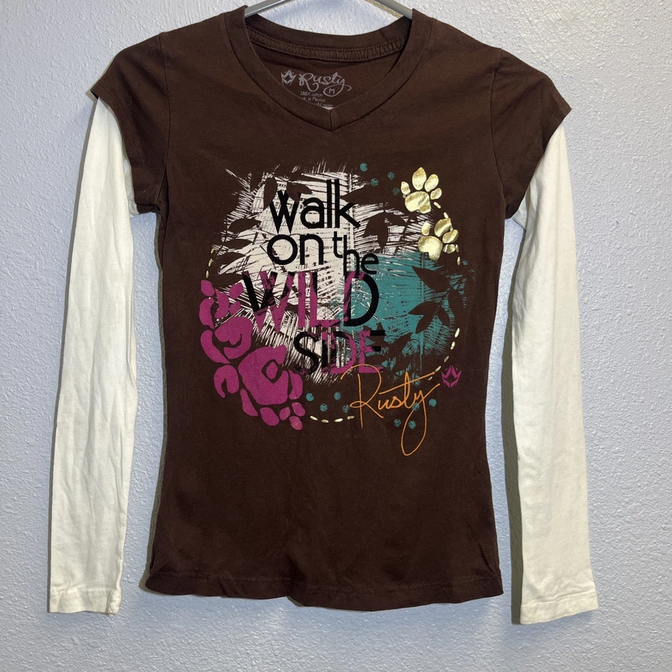🔥 Rusty Tee Girls Shirt  Brown and White Long SleeveSize Medium  - Image 1 of 4
