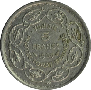TUNISIE 5 FRANCS 1939 argent, Ahmed Pacha  Bey de Tunisie - Picture 1 of 2