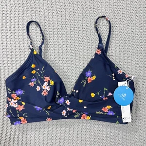 CupShe Floral Bikini Top Sz S Navy Blue Twist Front Swimsuit Bathing Suit Padded - Picture 1 of 11