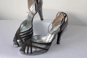 Max Mara Silver /Black Leather Heels Peep Toe Ankle Strap Size 40 - Picture 1 of 15