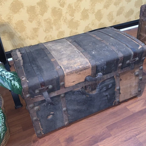 Antique Metal & Wood Travel Chest Steamer Trunk Cover