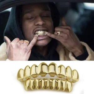 14K Gold Plated HipHop Teeth Grillz Top&Bottom Grill Set Bonus Wax*HIGH QUALITY* - Picture 1 of 8