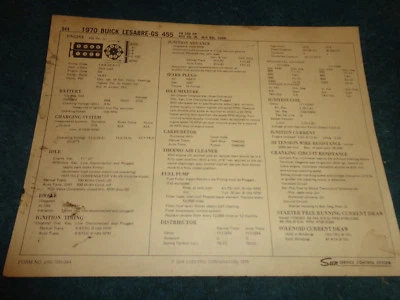 1970 BUICK 455 V-8 ENGINE SUN TUNE-UP CHART / 4BBL / GS & LESABRE / 350 H.P. - Imagem 1 de 2