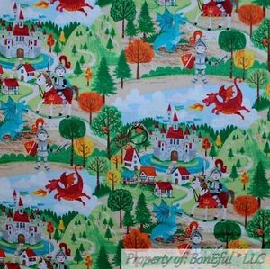BonEful FABRIC FQ Cotton Quilt Rainbow Castle Scenic Home Dragon Baby Boy Knight - Picture 1 of 12