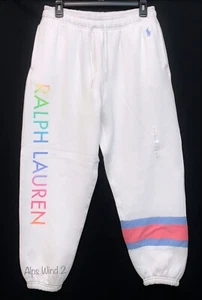 Polo Ralph Lauren Women Soft Cotton Sweatpants Side Logo Blue Pony White Size L - Picture 1 of 11