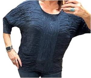 Grizas Deep Blue Textured Crinkle Lagenlook Tunic Top Blouse Small NWOT - Picture 1 of 9