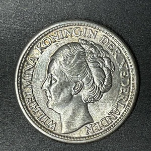 Netherlands 1944 P 25 Cents 0.640 SILVER UNC World Coin Queen Wilhelmina Acorn - Picture 1 of 2