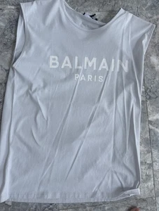 Balmain hellblaues ärmelloses T-Shirt mit goldenen Logo-Knöpfen Gr. XS neu mit Etikett $ 550 - Bild 1 von 9