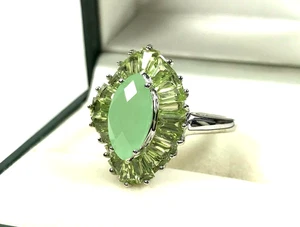 QVC Green Marquise Peridot Chalcedony Ring Sterling Pave Set Baguettes Sz 9 - Picture 1 of 8