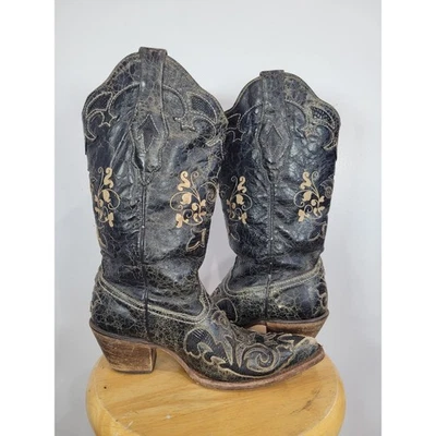 Botas vaqueras occidentales Corral vintage de cuero negro para mujer talla 6,5 B bordadas Foto 1 de 4