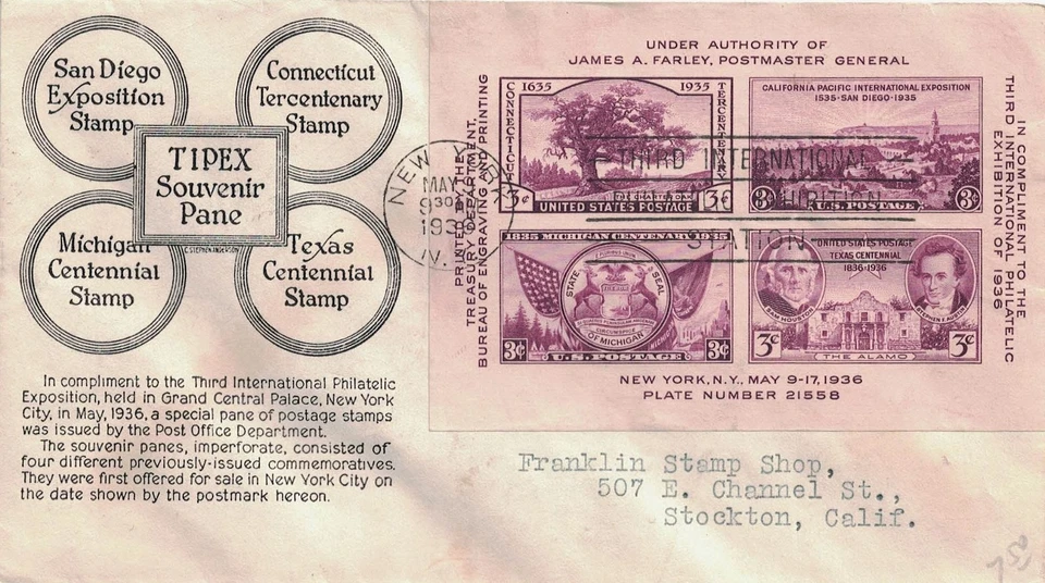 1936 New, NY TIPEX Souvenir Pane First Day Cover w Classic Anderson Cachet, #778 - Image 1 of 1