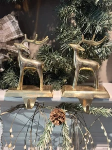 Pair of VTG Handmade Solid Brass Reindeer Stocking Holders India in Original Box - Picture 1 of 22