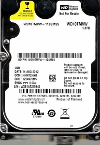 WD10TMVW-11ZSMS5, HBMT2HNB, WESTERN DIGITAL USB3 1TB WXE1 AUG 2012 - Bild 1 von 1