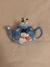 Cute Nantucket Home Christmas Scene TeaPot Snowman Blue
