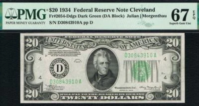 $20 1934 Cleveland FRN. Fr. 2054-Ddgs. SUPER GEM NOTE. PMG 67 EPQ - Image 1 of 3