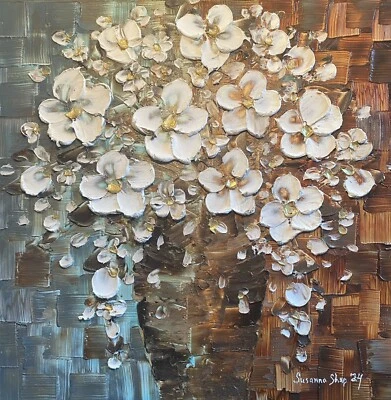 White Flowers Textured ORIGINAL Painting Bouquet Palette Knife Art 24x24 Susanna - Image 1 of 4