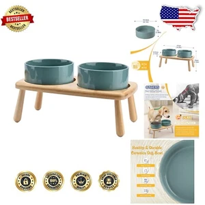 Elegant Elevated Dog Bowls - Ceramic Feeding Set with Anti-Slip Wooden Stand - Picture 1 of 9
