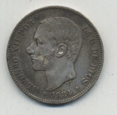 Spain España Alfonso XII 5 Pesetas 1884 *18 84 Madrid MSM Silver KM 688 VF+ - Image 1 of 3