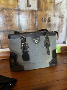 Prada Milano Green Blue Grey Nylon and Black Leather Purse Handbag