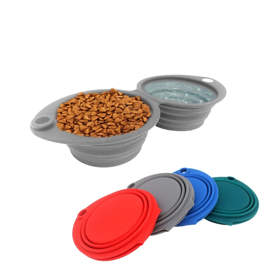 12 oz Silicone Double Dog Bowls,Collapsible Silicone Bowl with D-Ring - Image 1 of 4