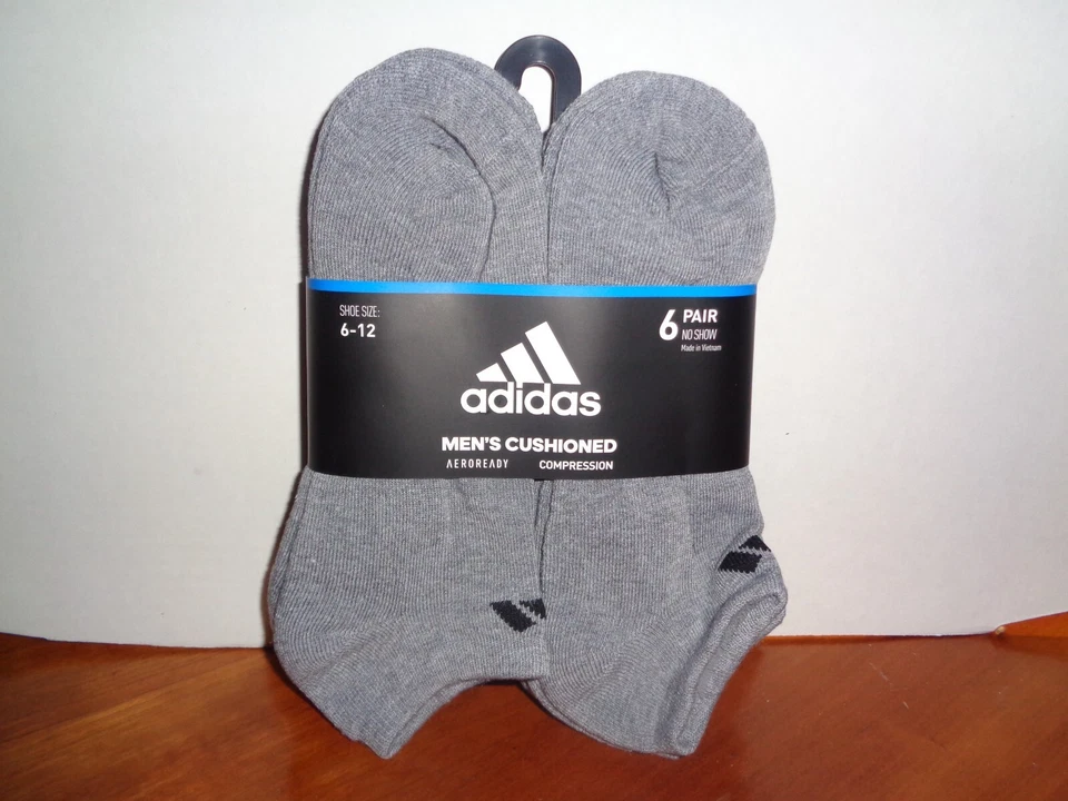 6 adidas Mens Cushioned No Show Socks Climalite Compression Shoe Size 6-12 Gray