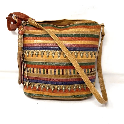 VTG SHARIF Designer Leather USA Made Purse Hippie Patch Tote 10" Hobo Handbag - Image 1 of 4