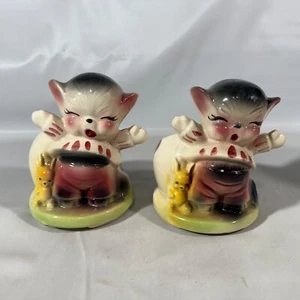 Vtg 2 Mid Century Kitschy Sad Cat Planter American Bisque Pottery Crying Kitten - Picture 1 of 9