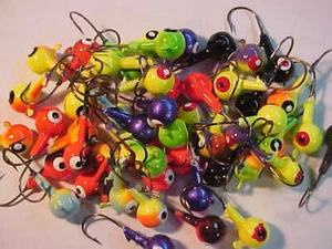 50 NEW  ASSORTED LEAD HEAD JIG HEADS 3/8 OZ.  SIZE 1/0 hooks WALLEYE JIGS   - Picture 1 of 4