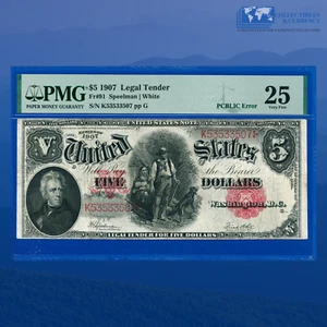 Fr.91 1907 $5 Five Dollars "WOODCHOPPER" Legal Tender Note, PMG VF 25 #33507 - Picture 1 of 3