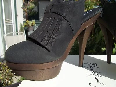 New Elizabeth & James Black Grab Fringe Suede Leather Wood Stiletto Heels - Image 1 of 4