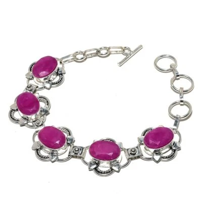 Ruby Gemstone 925 Sterling Silver Bracelet 7-8" h193 - Image 1 of 4