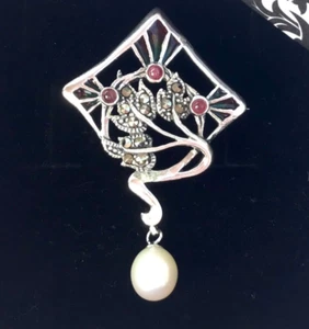 Sterling Silver Art Nouveau Lily Plique a Jour Ruby & Pearl 2in1 Brooch Pendant - Picture 1 of 4