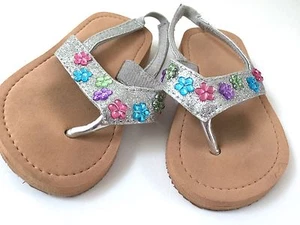 Toddler Sandals Size 5 6 Silver Glitter Rhinestone Flip Flops Heel Strap Girl - Picture 1 of 4