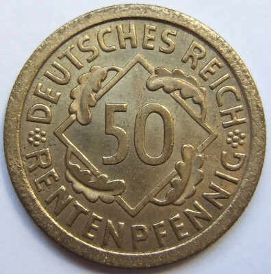 Moneda República de Weimar 50 Rentenpfennig 1924 A en Sin Circular Foto 1 de 2
