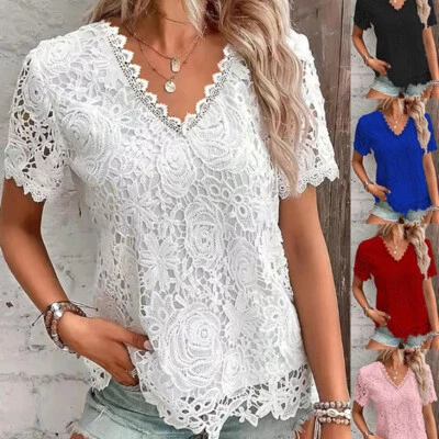 Womens V-Neck Lace T-Shirt Tops Ladies Short Sleeve Summer Casual Blouse Shi ц - Image 1 of 4