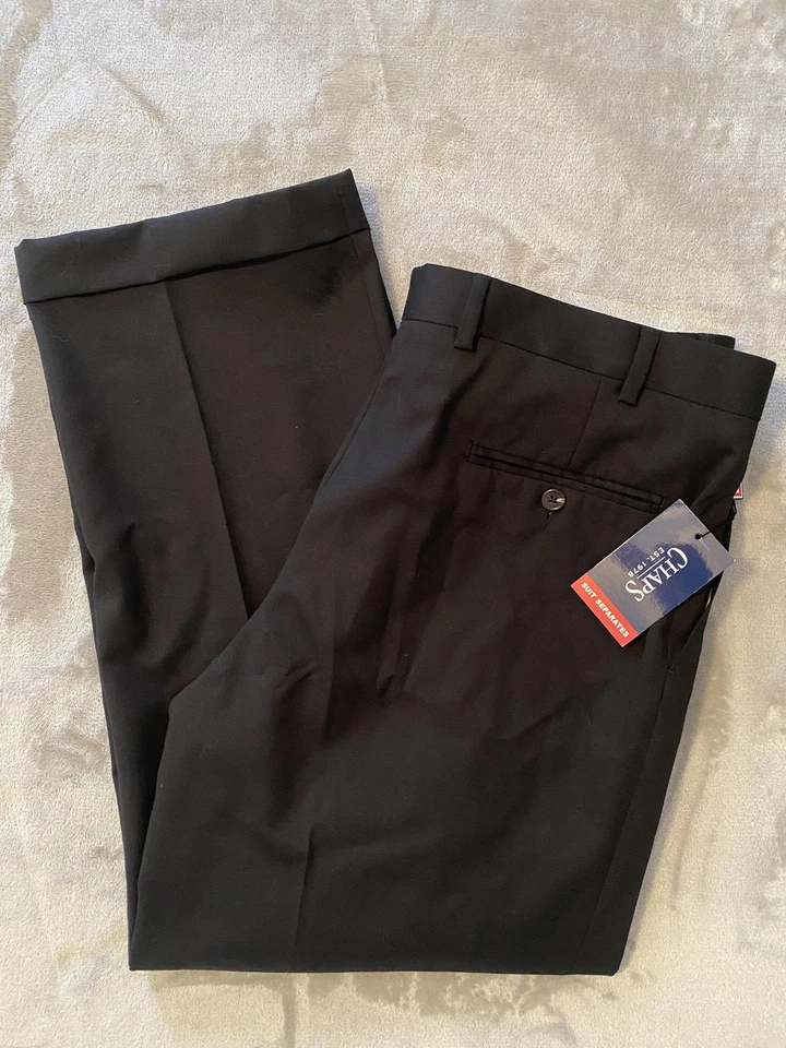 Nuevo con etiquetas Pantalones de vestir Chaps para hombre 36x29 negros de lana plisados con puños para eventos oficina comercial Foto 1 de 4