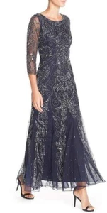 NUEVO Vestido Pisarro Nights Azul Embellecido Malla Cuentas Manga 3/4 Talla 6 - Imagen 1 de 10