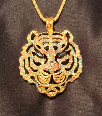 Fashion Jewelry  Betsey Johnson Modeschmuck Kette vergoldeter Glitzer Tigerkopf - Bild 1 von 2
