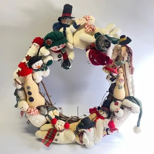 Christmas Snowmen Wreath Primitive Handmade 16” Diameter 24 Different Snowmen - Picture 1 of 15