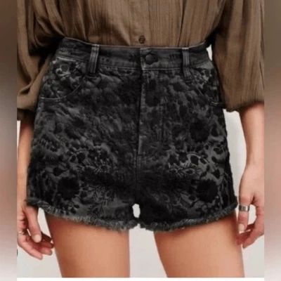 Free People Etienne Fields Black/Black Floral Embroidered Hi Waist Short. Sz 24 - Image 1 of 4