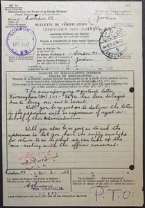 1962 British Bulletin de Verification to Jordan re delivery Israeli-refused mail - Picture 1 of 2