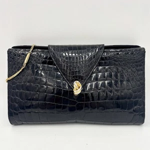 Vintage Genuine Crocodile Black 2-way Clutch Shoulder Bag Purse Gold Chain Strap - Picture 1 of 17
