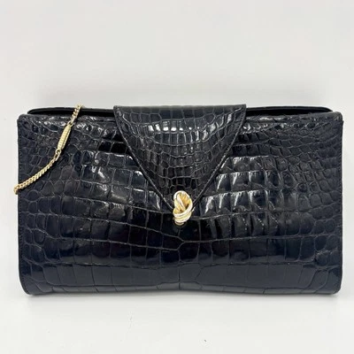 Vintage Genuine Crocodile Black 2-way Clutch Shoulder Bag Purse Gold Chain Strap - Image 1 of 4