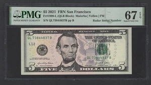 United States 5 Dollars 2021 Fr#1999-L (QLB Block) "Radar S/N" UNC Grade 67 - Picture 1 of 2