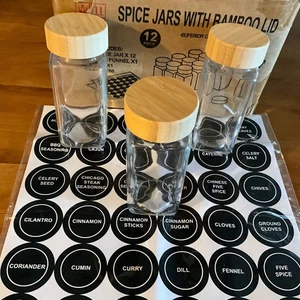 12 Spice Jars with Bamboo Lids, 4oz, 288 Labels, Funnel, Marker, Square - Picture 1 of 5