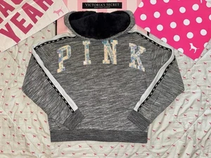VS PINK FUR FULL ZIP HOODIE SWEATSHIRT MARL GRAY MERMAID HOLO BLING LOGO RARE M - Picture 1 of 12