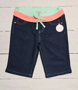 NWT SO GIRLS 12 DARK JEAN ELASTI WAIST NEON BERMUDA AQUA BOW SHORTS - Picture 1 of 14