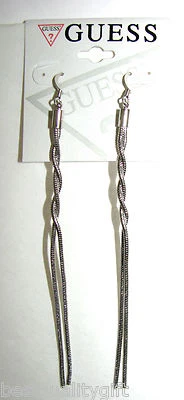 NEW-GUESS SILVER TONE TWISTED DOUBLE STRAND WOMENS LONG EARRINGS w/TAG - Image 1 of 2
