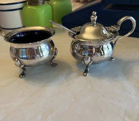 Antique English Sterling Silver, Mustard Pot and Salt Cellar Footed Cover